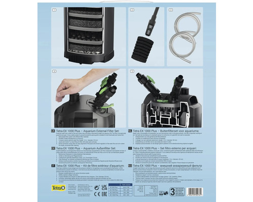 Kit de filtre extérieur pour aquarium Tetra EX 1000 Plus avec système de filtration à compartiments, préfiltre, deux tuyaux et Tetra Logo.