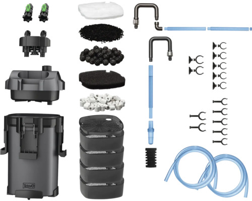 Kit de filtre extérieur Tetra pour aquariums avec masses filtrantes, tuyaux, tubes et ventouses. Tetra Logo.