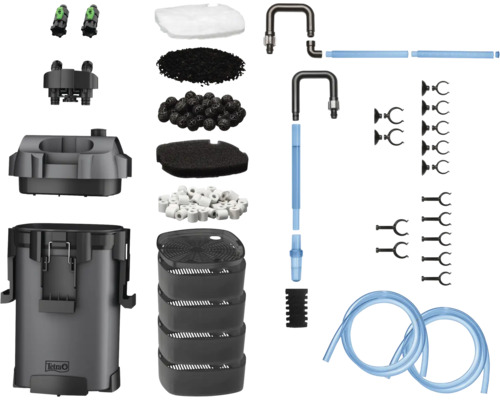 Kit de filtre extérieur Tetra pour aquarium comprenant boîtier avec Tetra Logo, paniers, masses filtrantes, tuyaux, tubes et matériel de fixation.