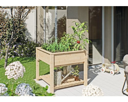 Hochbeet aus Holz mit Pflanzen im Garten