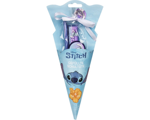 Cornet scolaire Disney Stitch garni de six fournitures pour la rentrée.