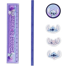 Set de papeterie Disney Angel et Stitch avec règle de 15 centimètres, crayon, taille-crayon et autocollants.
