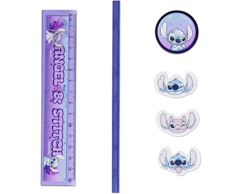 Set de papeterie Disney Angel et Stitch avec règle de 15 centimètres, crayon, taille-crayon et autocollants.