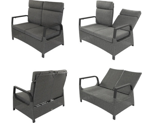 Salon de jardin 2 places en rotin avec dossier réglable dans différentes positions