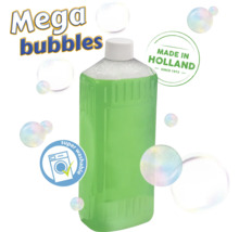 Bouteille de solution de méga bulles de savon avec la mention super lavable et Fabriqué en Hollande depuis 1972