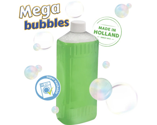 Bouteille de solution de méga bulles de savon avec la mention super lavable et Fabriqué en Hollande depuis 1972