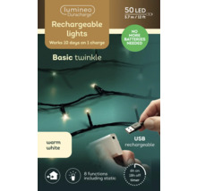 Lumineo Duracharge LED-Lichterkette, 50 warmweiße LEDs, 3,7 Meter lang, USB-aufladbar, 8 Funktionen, Timer, für innen und außen.