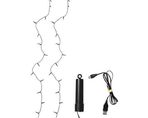 Lichterkette mit schwarzem Kabel, Batteriefach und USB-Anschlusskabel.