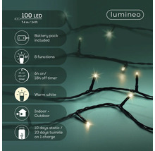 Lumineo Logo. Infografik für 100 LED Lichterkette, 7.4 Meter lang. Inklusive Akkupack, 8 Funktionen, 6 Stunden Timer, warmweiß, für innen und außen.