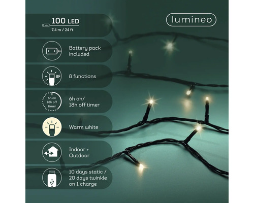 Lumineo Logo. Infografik für 100 LED Lichterkette, 7.4 Meter lang. Inklusive Akkupack, 8 Funktionen, 6 Stunden Timer, warmweiß, für innen und außen.