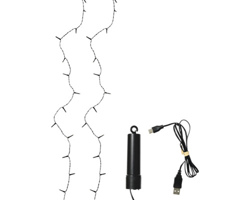 LED-Lichterkette mit USB-Anschluss und schwarzem Batteriefach mit Aufhängehaken.