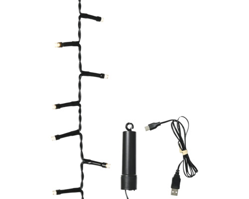 LED-Lichterkette mit schwarzem Kabel, Batteriefach mit Aufhängung und USB-Ladekabel.