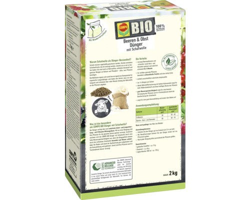Engrais COMPO pour baies et fruits avec de la laine de mouton dans un emballage de 2 kilogrammes