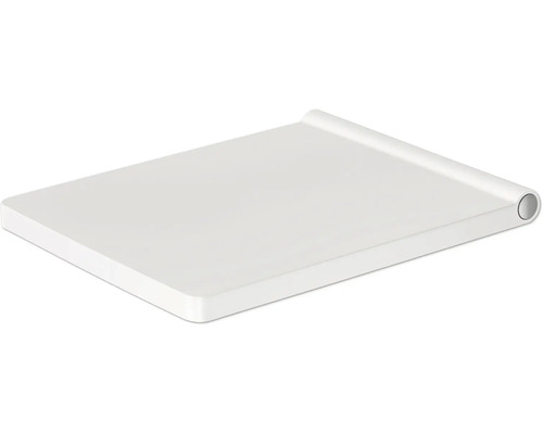 Étagère de salle de bain plate et rectangulaire blanche avec élément de charnière arrondi.