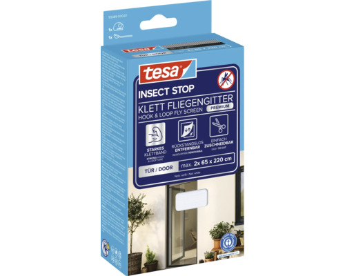 Tesa Insect Stop Klett Fliegengitter mit Klettband und Cutter, maximale Größe 2x 65 x 220 cm