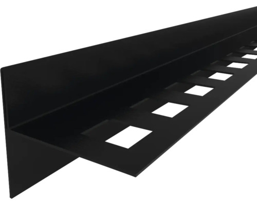 Schwarzes Abschlussprofil für Fliesen aus Aluminium mit quadratischer Lochung.