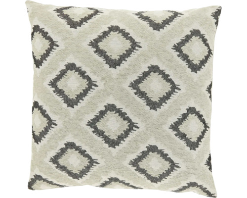 Quadratisches Dekokissen mit gewebtem geometrischem Rautenmuster in Grau und Beige.