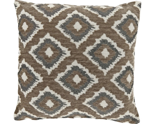 Quadratisches Dekokissen mit gewebtem geometrischem Rautenmuster in Braun und Beige.