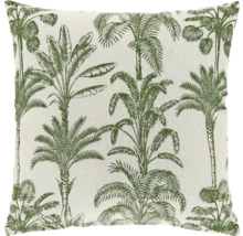 Quadratisches Zierkissen mit grünem Palmenmuster.