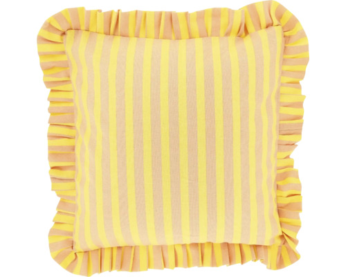 Gestreiftes Zierkissen mit Volant in Gelb und Beige.