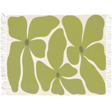 Tapis rectangulaire avec motif floral abstrait vert et franges sur les côtés.