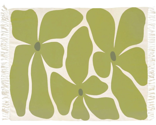 Tapis rectangulaire avec motif floral abstrait vert et franges sur les côtés.