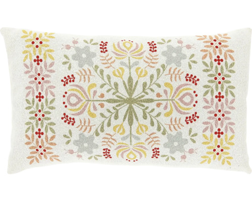 Rechteckiges Dekokissen mit buntem Blumenmuster und folkloristischen Motiven.