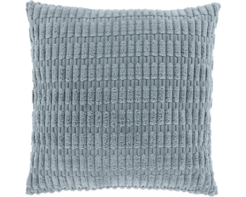 Quadratisches hellblaues Zierkissen mit strukturierter Oberfläche in Cord-Optik.