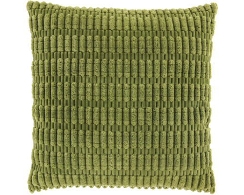 Quadratisches Dekokissen mit grüner Rippenstruktur.