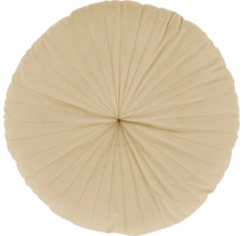 Rundes Dekokissen aus Samt in Beige mit gerafftem Faltenmuster.