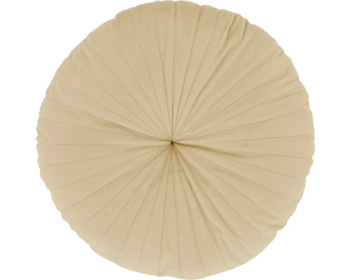 Rundes Dekokissen aus Samt in Beige mit gerafftem Faltenmuster.