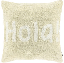Quadratisches Dekokissen in Creme mit Zottel-Oberfläche und dem Schriftzug Hola.
