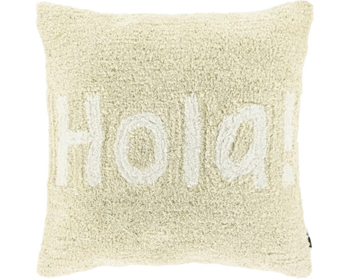 Quadratisches Dekokissen in Creme mit Zottel-Oberfläche und dem Schriftzug Hola.