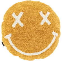 Rundes, flauschiges Dekokissen mit Smiley-Motiv, X-Augen und lächelndem Mund.