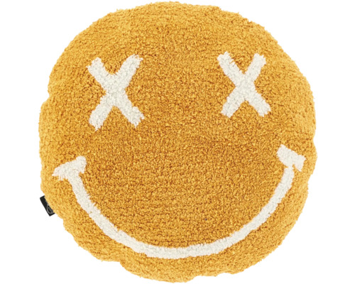 Rundes, flauschiges Dekokissen mit Smiley-Motiv, X-Augen und lächelndem Mund.