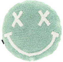 Rundes, weiches getuftetes Kissen in Mintgrün mit weißem Smiley-Gesicht, X-förmigen Augen und einem breiten Lächeln.