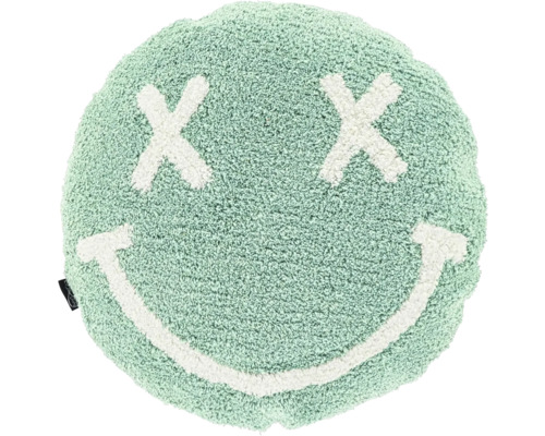Rundes, weiches getuftetes Kissen in Mintgrün mit weißem Smiley-Gesicht, X-förmigen Augen und einem breiten Lächeln.