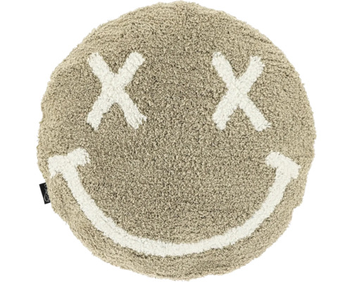 Runder Badeteppich mit Smiley-Motiv und Kreuz-Augen, weicher Hochflor in Beige und Weiß.