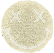 Runder Hochflor-Badeteppich mit einem Smiley-Gesicht-Motiv aus Kreuzen als Augen und einem lächelnden Mund.