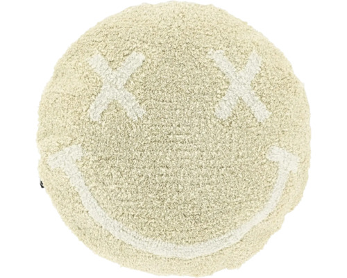 Runder Hochflor-Badeteppich mit einem Smiley-Gesicht-Motiv aus Kreuzen als Augen und einem lächelnden Mund.