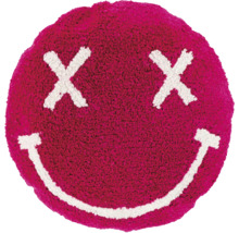Runder pinkfarbener Badeteppich mit weißem Smiley-Motiv, Kreuzen als Augen und einem lächelnden Mund.