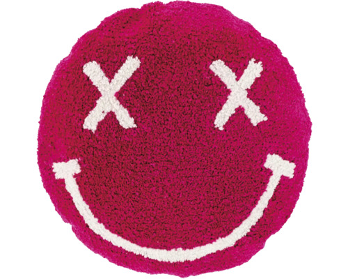 Runder pinkfarbener Badeteppich mit weißem Smiley-Motiv, Kreuzen als Augen und einem lächelnden Mund.