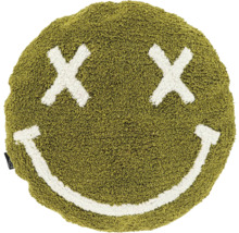 Rundes Dekokissen aus grünem, flauschigem Material mit weißem Smiley-Gesicht und Kreuzen als Augen.
