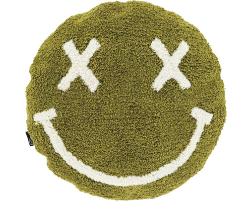 Rundes Dekokissen aus grünem, flauschigem Material mit weißem Smiley-Gesicht und Kreuzen als Augen.