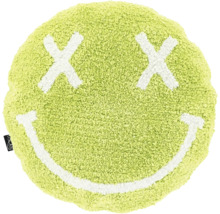 Rundes, flauschiges grünes Kissen mit Smiley-Gesicht, zwei weißen X-Augen und einem weißen Lächeln.