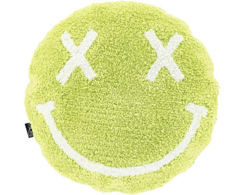 Rundes, flauschiges grünes Kissen mit Smiley-Gesicht, zwei weißen X-Augen und einem weißen Lächeln.