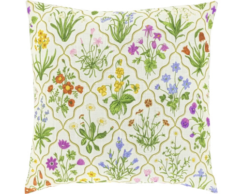 Dekokissen mit botanischem Blumenmuster und goldfarbenem Gitterdesign.