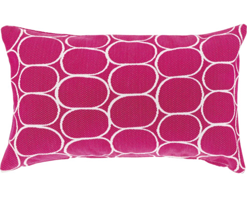 Rechteckiges Deko-Kissen in Pink mit weißem geometrischem Oval-Muster.