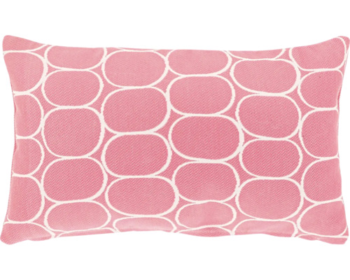 Rechteckiges rosa Zierkissen mit weißem geometrischem Muster aus Ovalen.