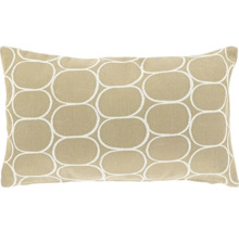 Rechteckiges beiges Zierkissen mit weißem geometrischem Oval-Muster.